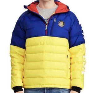 POLO RALPH LAUREN USA Puffer Jacket Mens Medium Colorblock 1/2 Zip Pullover Down